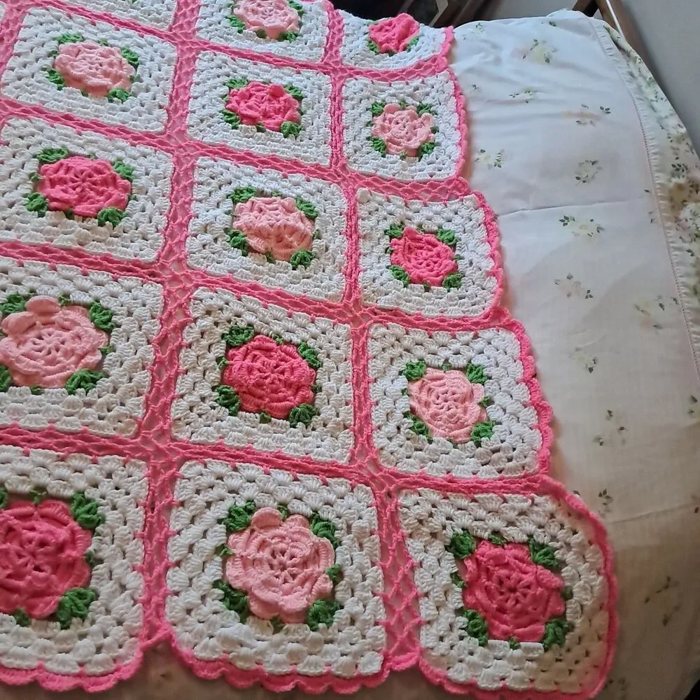 Crochet Granny Square 3D Pink Rose Afghan Throw Girlie Cottage Core
